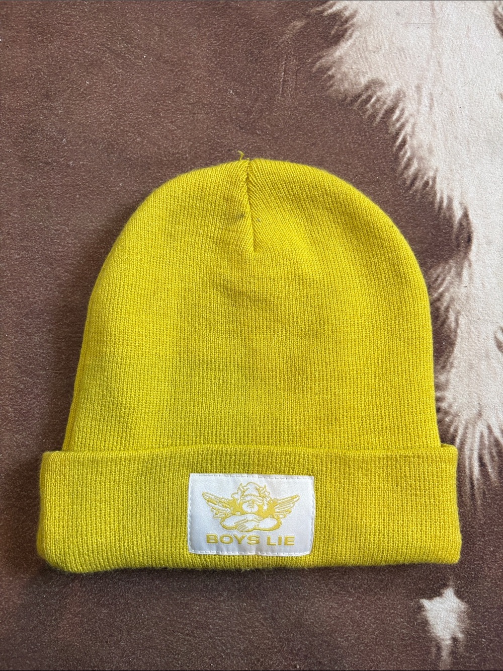 Boys Lie Bright Yellow Knit Cuffed Beanie with White Logo Patch